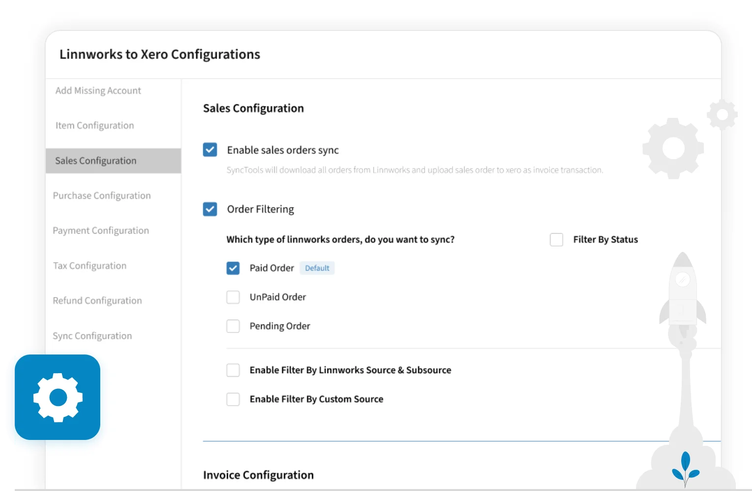 SyncTools fully configurable integration tool interface allowing custom settings for syncing data across eCommerce and accounting.