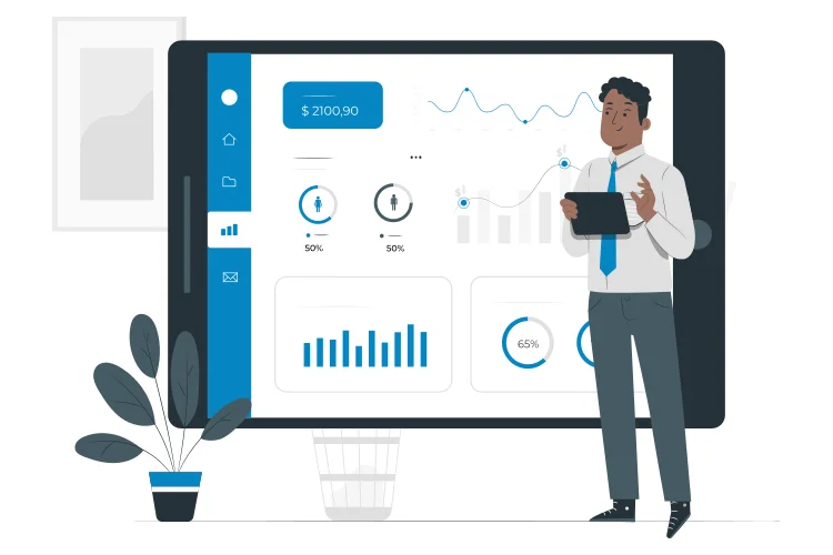 Businessman viewing financial dashboard on tablet device, analyzing real-time business data and performance metrics.