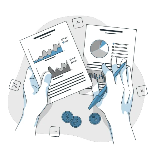Financial report analysis screen showing business performance metrics with charts and data visualization tools.