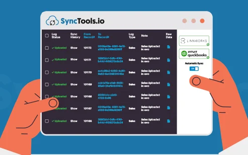 QuickBooks dashboard integrated with Linnworks via SyncTools displaying business financials and accounting connector settings.