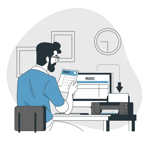 Man printing digital invoice from desktop printer at office desk, illustrating modern e-invoicing and accounting workflow.