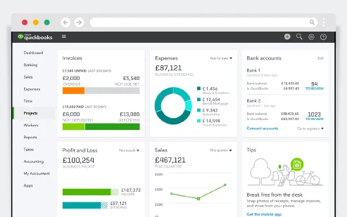 QuickBooks dashboard displaying invoices, expenses, profit and loss, and bank account summaries for business financial tracking
