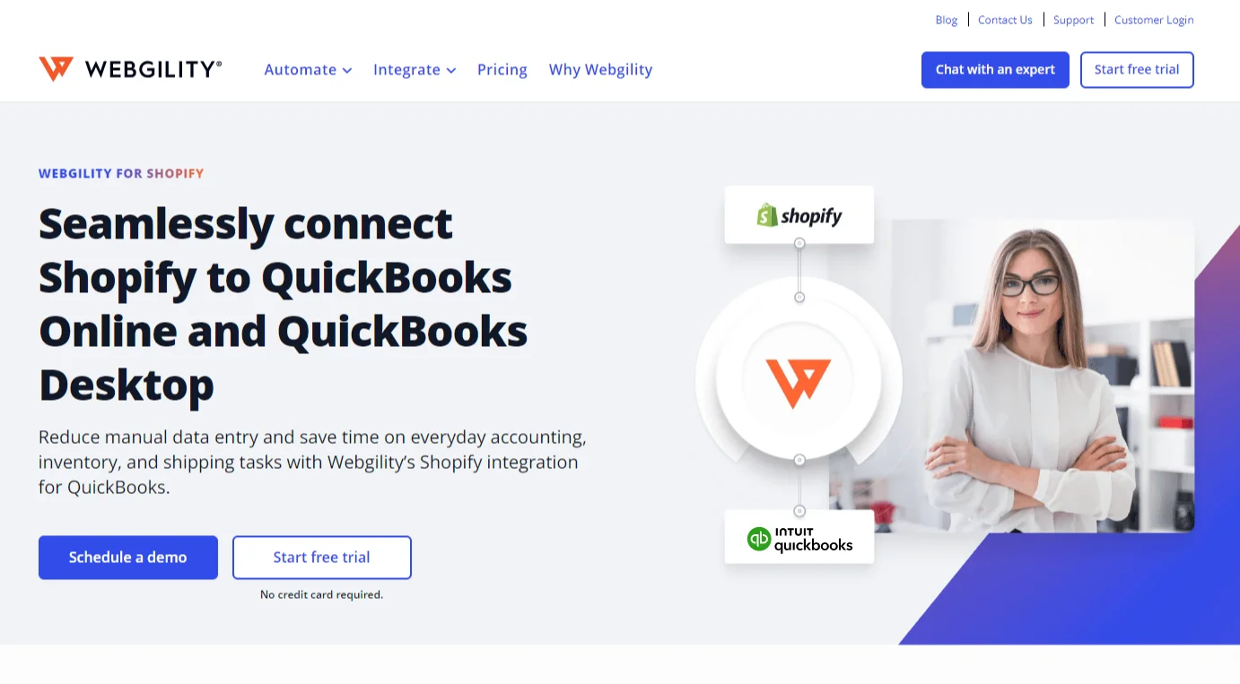 Webgility interface showing seamless integration between Shopify and QuickBooks Online and Desktop for accounting automation