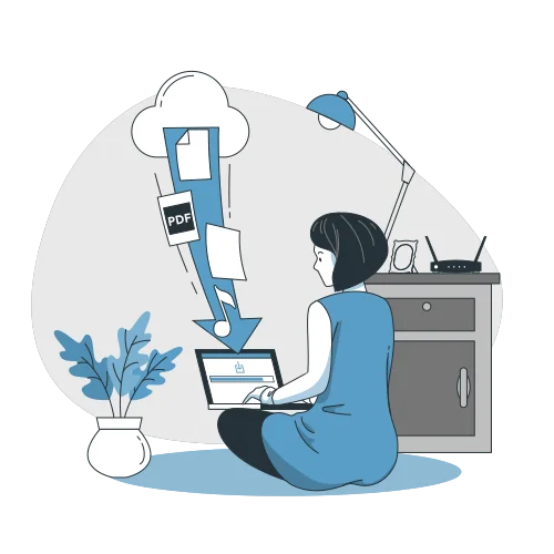 Woman downloading documents from cloud storage to laptop, symbolizing secure data access and cloud-based file retrieval.