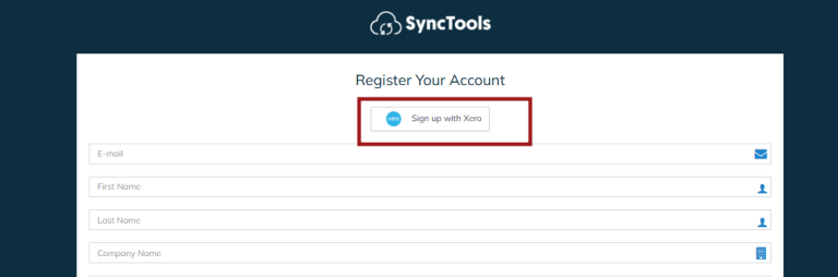 SyncTools screen showing 'Sign up with Xero' button to connect ecommerce platform with Xero accounting for data synchronization