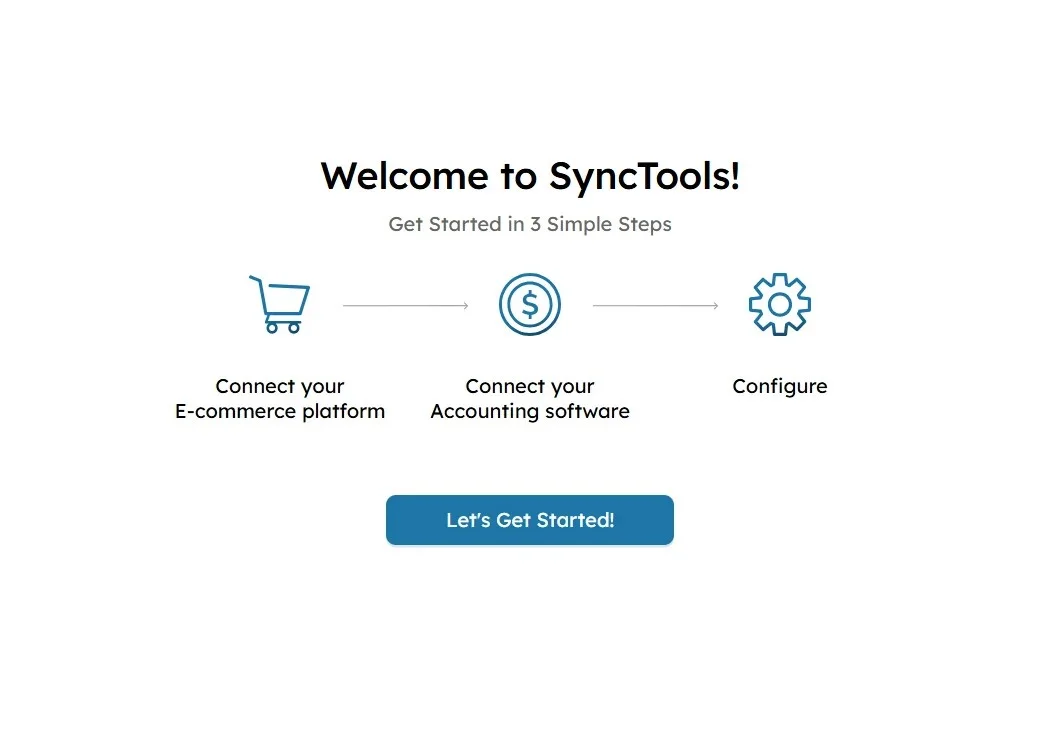 SyncTools welcome screen with 3-step guide to connect e-commerce platform, accounting software, and configure settings.