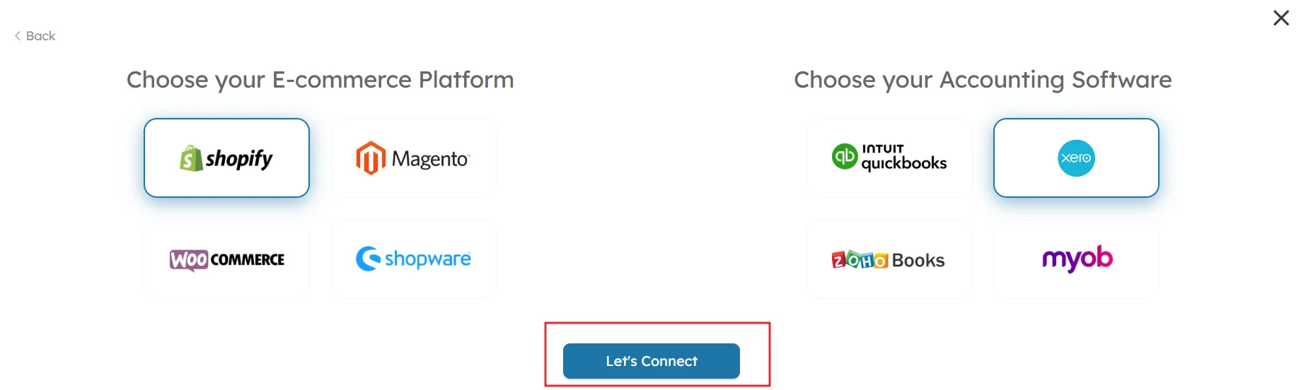 SSyncTools screen to select eCommerce platform like Shopify and accounting software like Xero for integration setup.