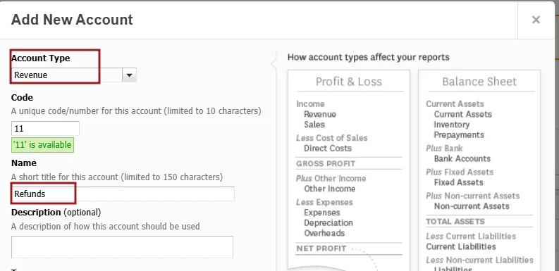 Add new account form with Revenue type and Refunds name selected in accounting software