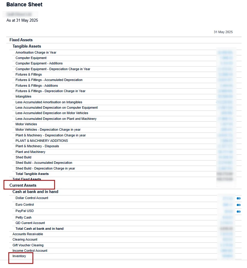 Balance sheet as of 31 May 2025 showing fixed assets, current assets, cash accounts, and inventory details for financial reporting