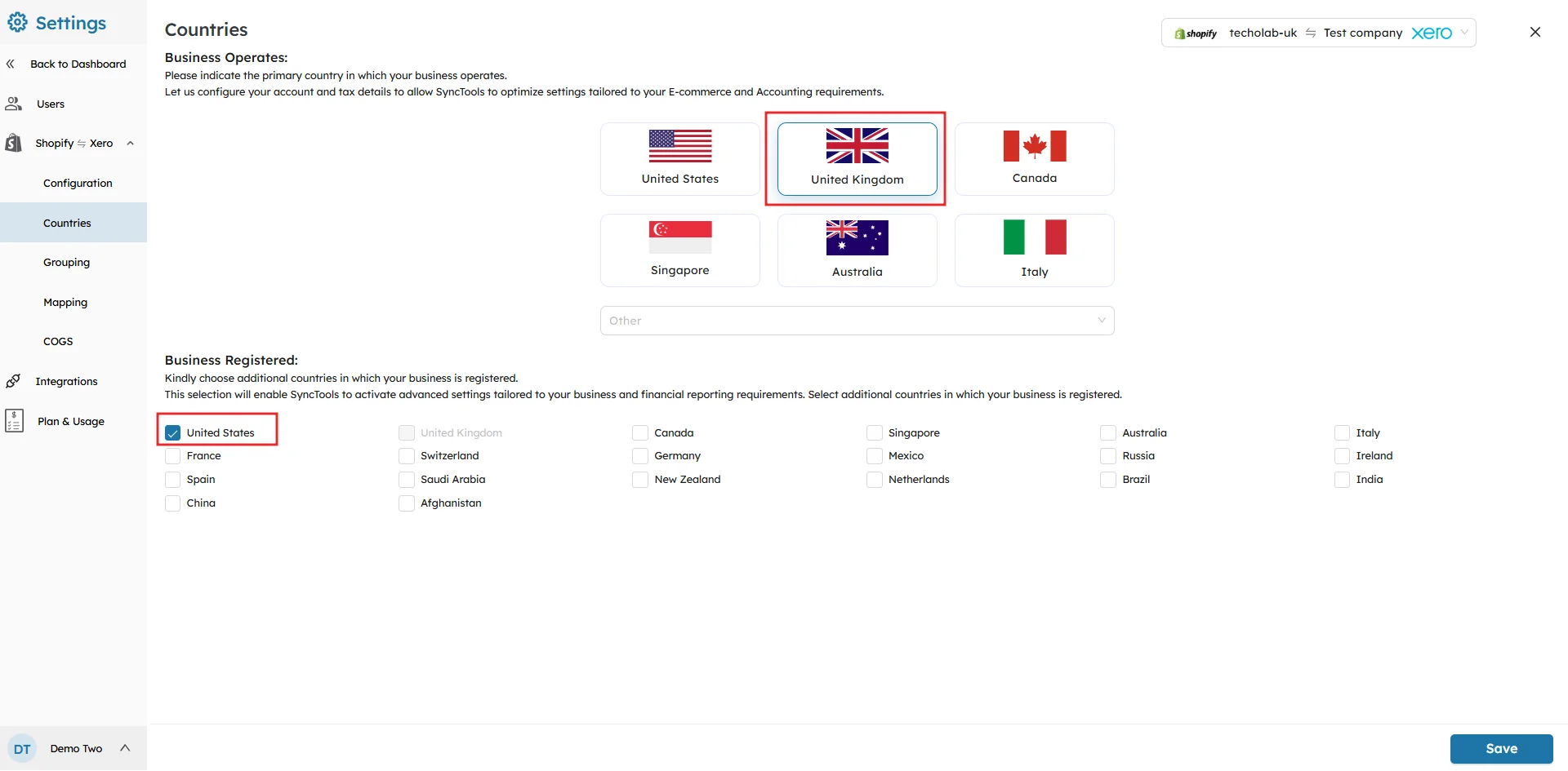 SyncTools country settings showing United Kingdom as business location and United States selected for business registration.
