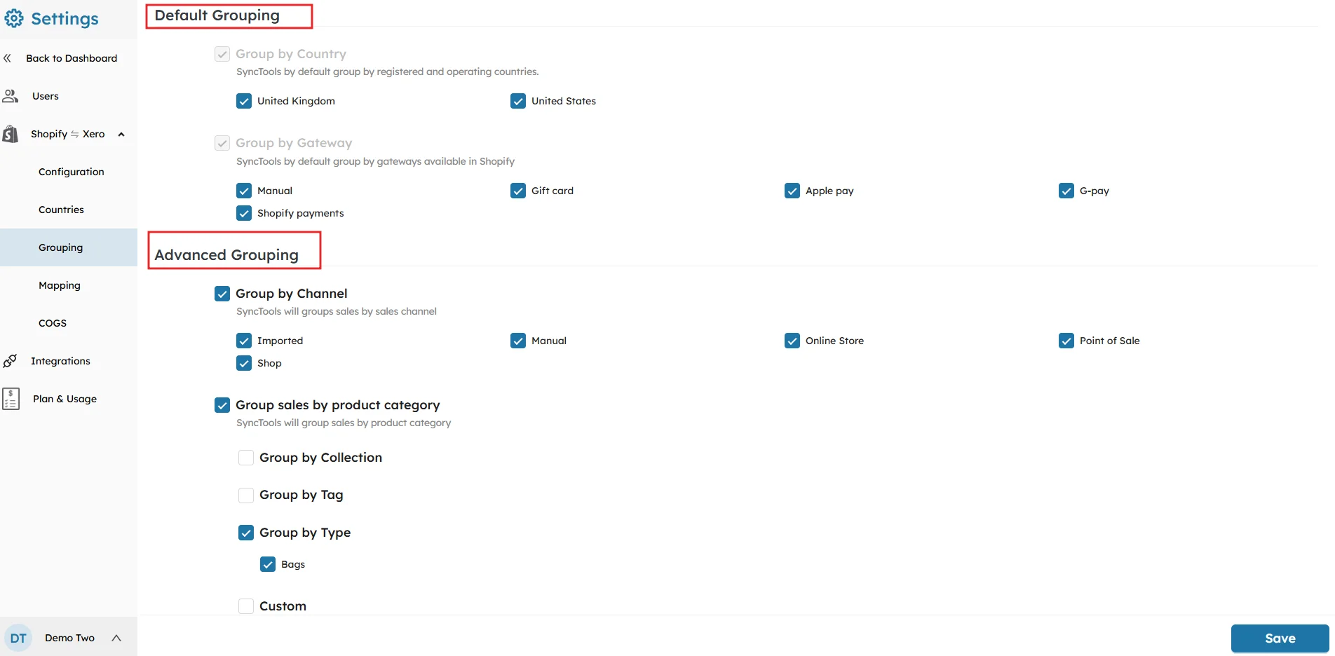 SyncTools grouping settings with default country and gateway options and advanced grouping by channel, category, and type.