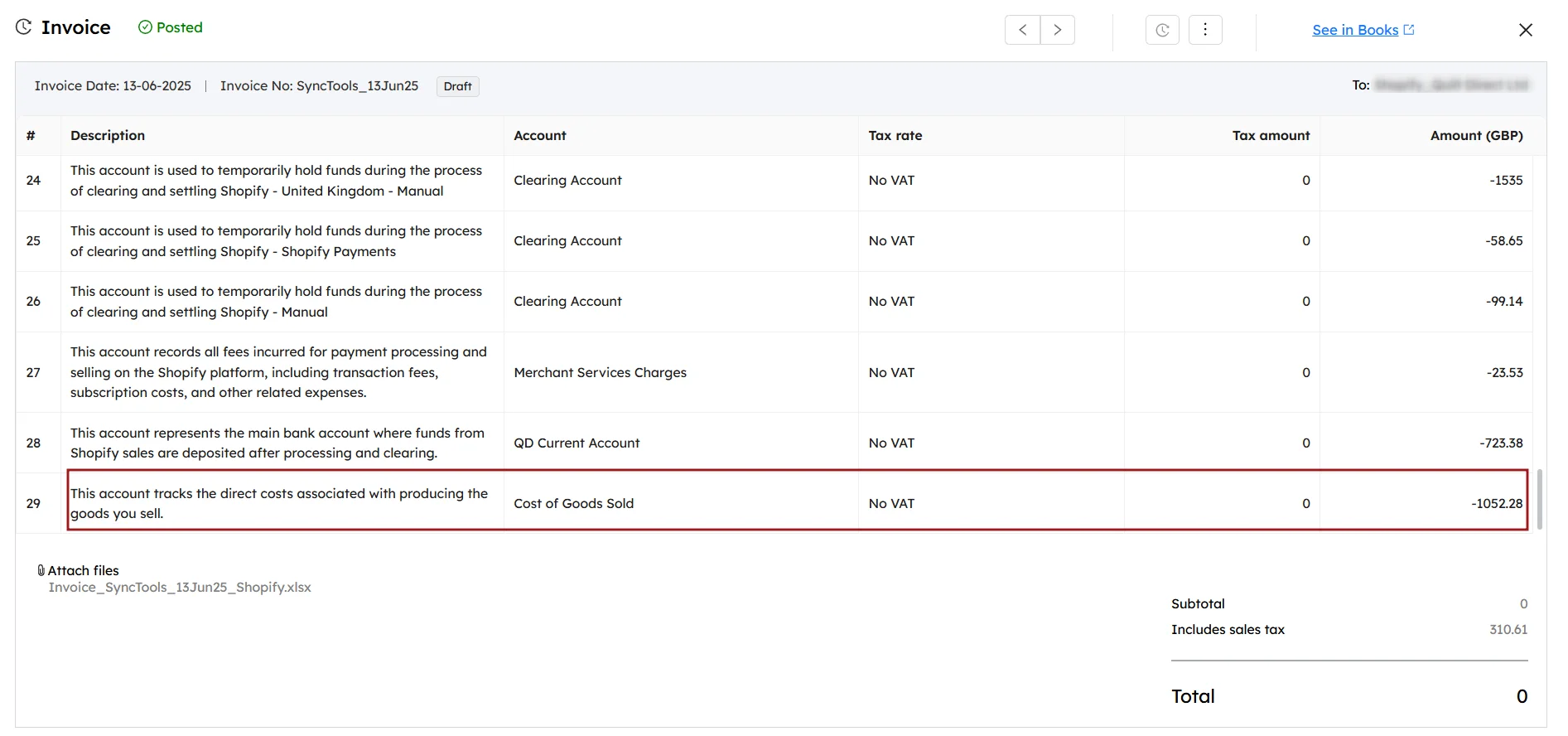 SyncTools invoice showing Shopify clearing accounts, COGS, merchant service charges, and bank deposits mapped in Xero