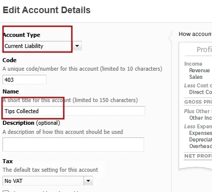 QuickBooks edit account details form showing Current Liability account type selected with code 403 and tax settings