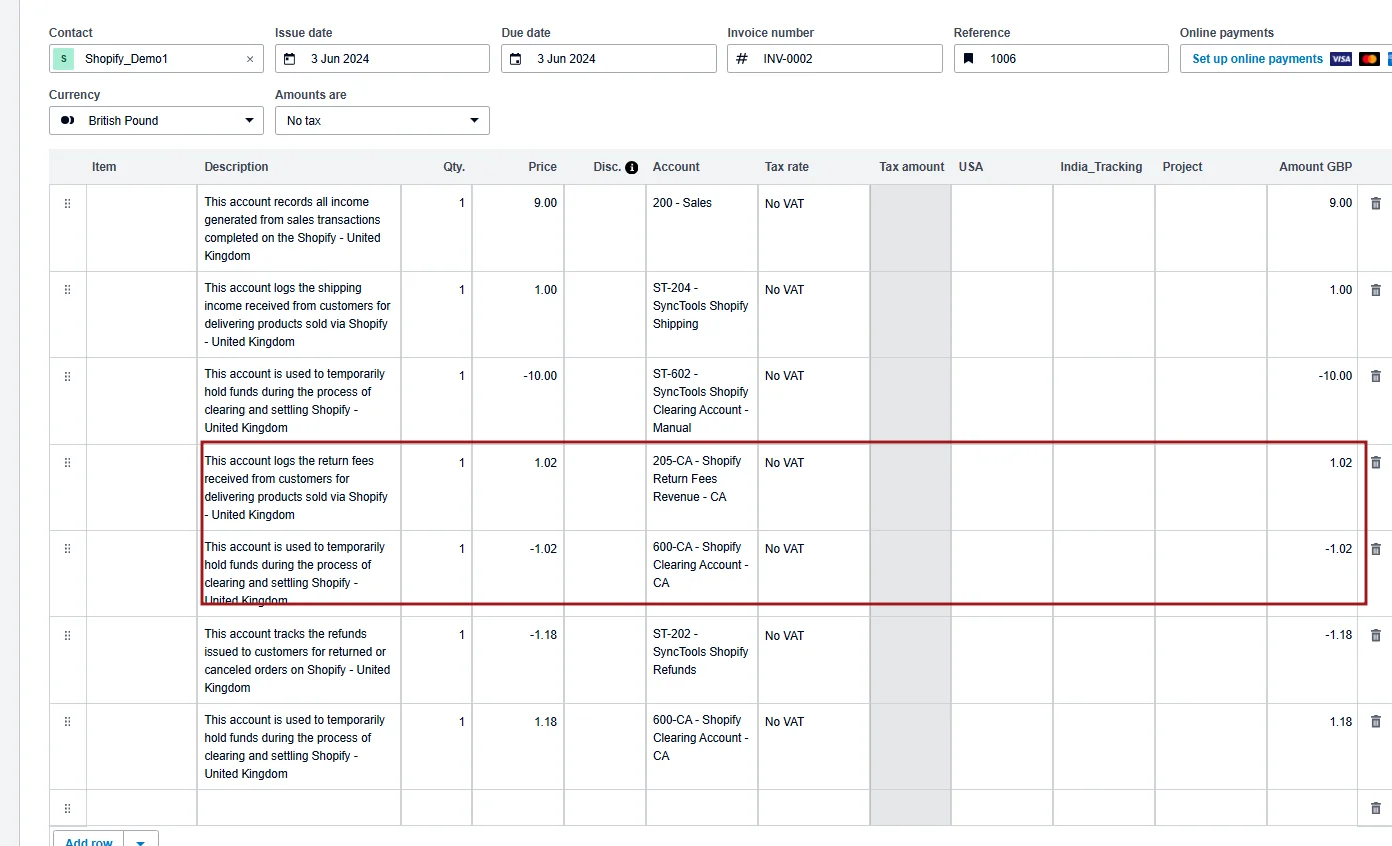 Screenshot of an accounting software showing a Shopify invoice with a red box highlighting a 1.02 British Pound return fee.