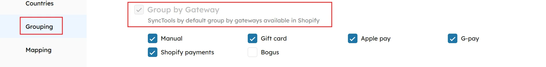 SyncTools Shopify payment gateway grouping interface showing Manual, Gift card, Apple pay, and G-pay options selected