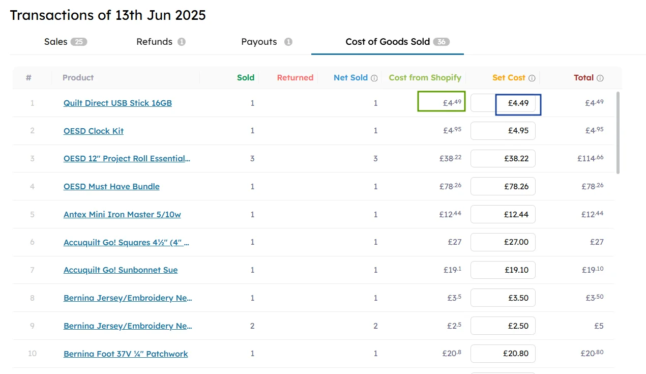 Shopify product transaction report showing cost of goods sold (COGS) and pricing for 13th June 2025 in GBP
