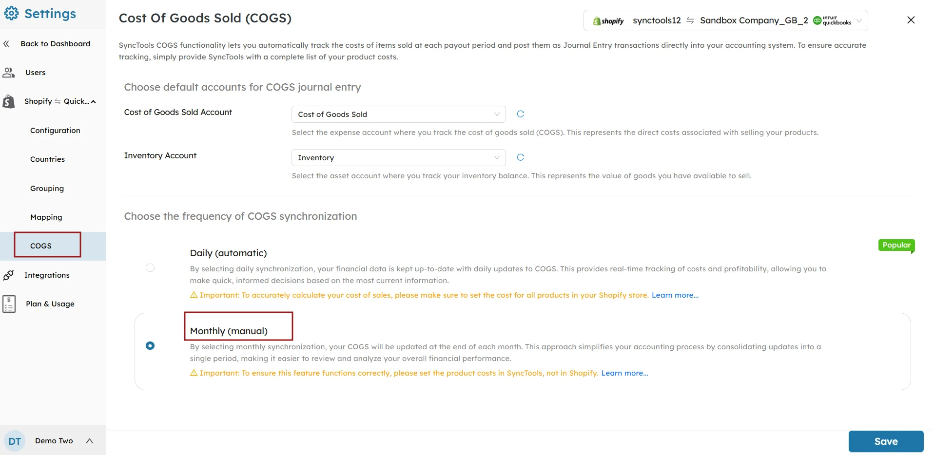 COGS synchronization settings in SyncTools for Shopify and QuickBooks, showing manual and automatic update frequency options