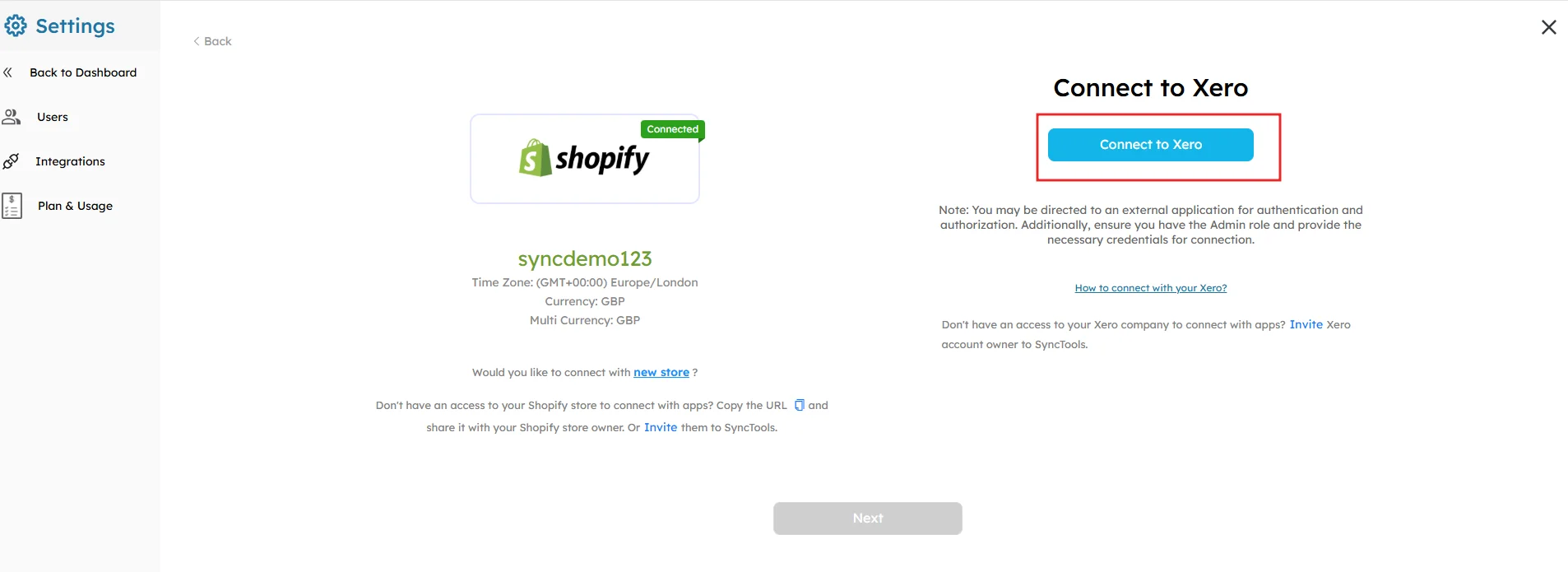 SyncTools Shopify store connected screen with option to integrate Xero accounting software using admin credentials.