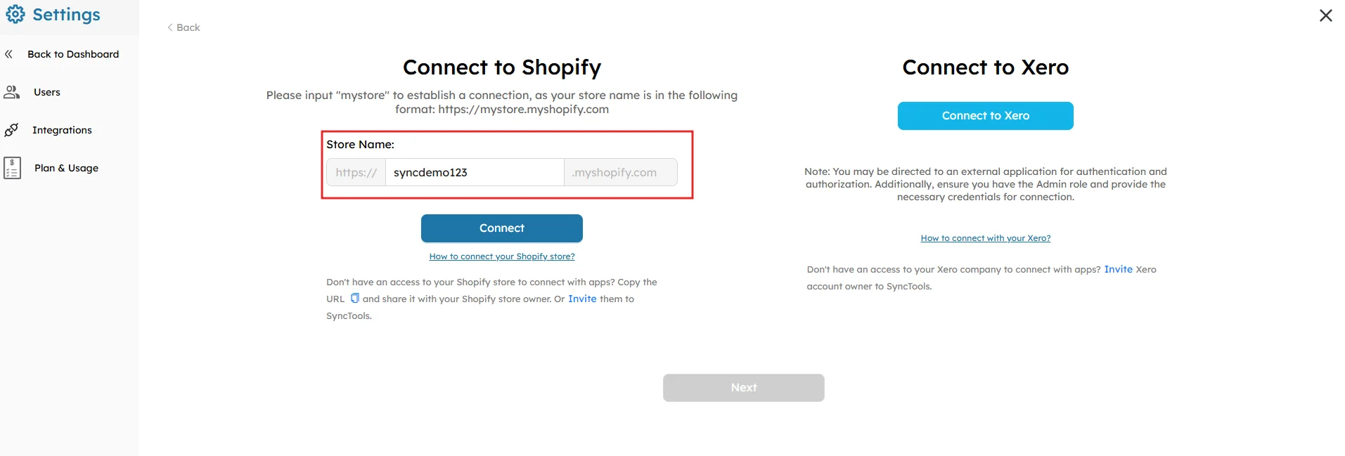SyncTools interface for connecting Shopify store and Xero accounting software during integration setup process.