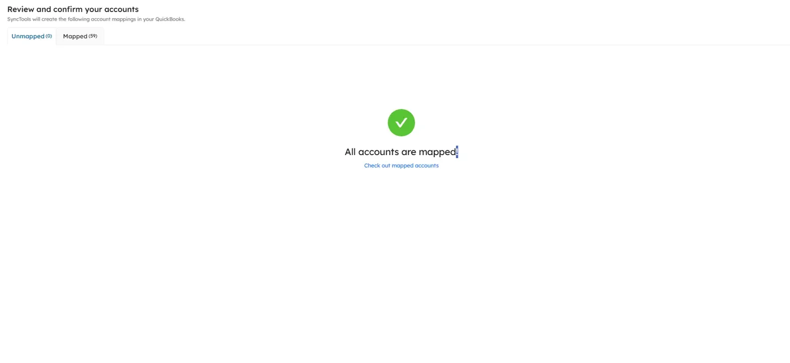 SyncTools account mapping confirmation screen showing All accounts are mapped success message with green checkmark