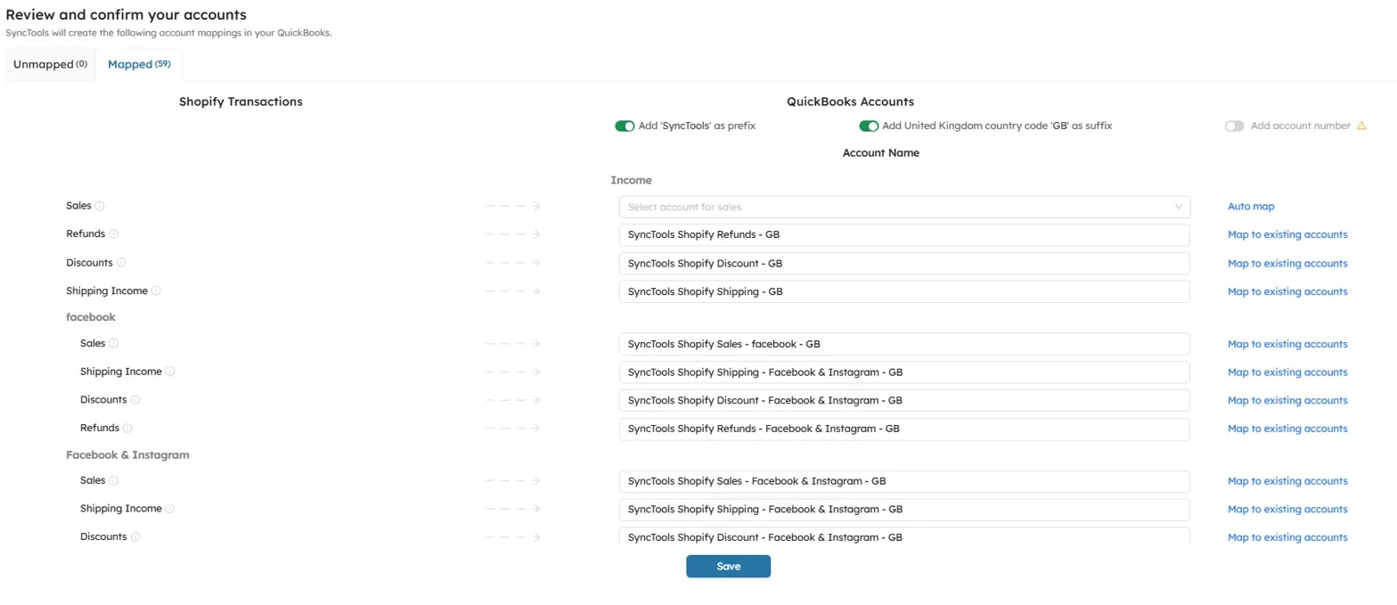 SyncTools account mapping interface with sales dropdown showing QuickBooks account options for Facebook Instagram channels