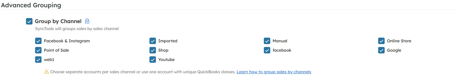 SyncTools advanced grouping interface showing sales channel options including Facebook, Instagram, YouTube, and Google