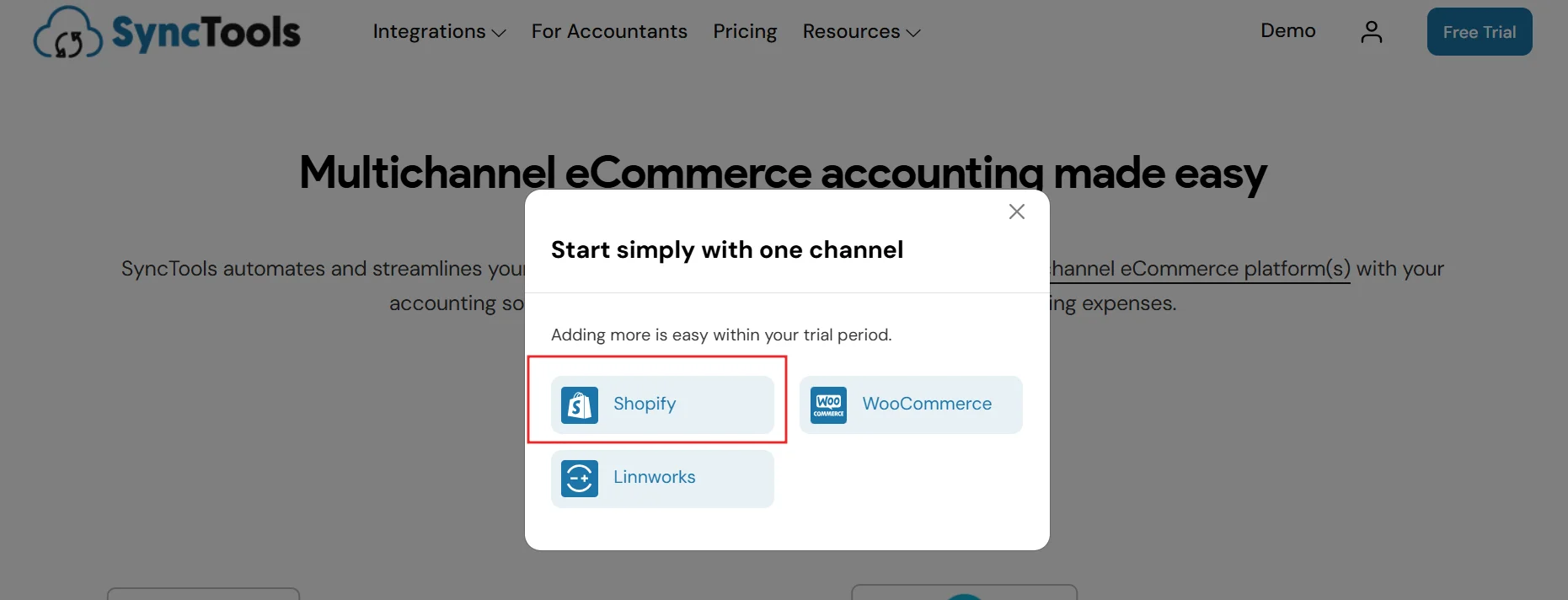 SyncTools free trial interface prompting users to start with one sales channel like Shopify, WooCommerce, or Linnworks.