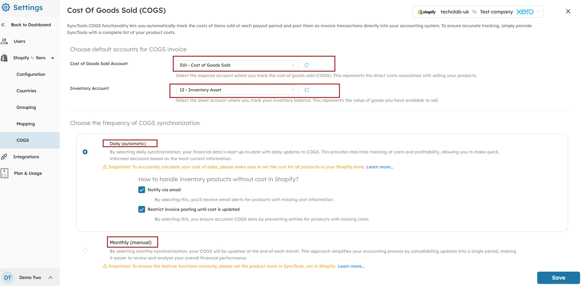 SyncTools COGS settings page showing Shopify to Xero integration with inventory account mapping and daily or monthly sync options