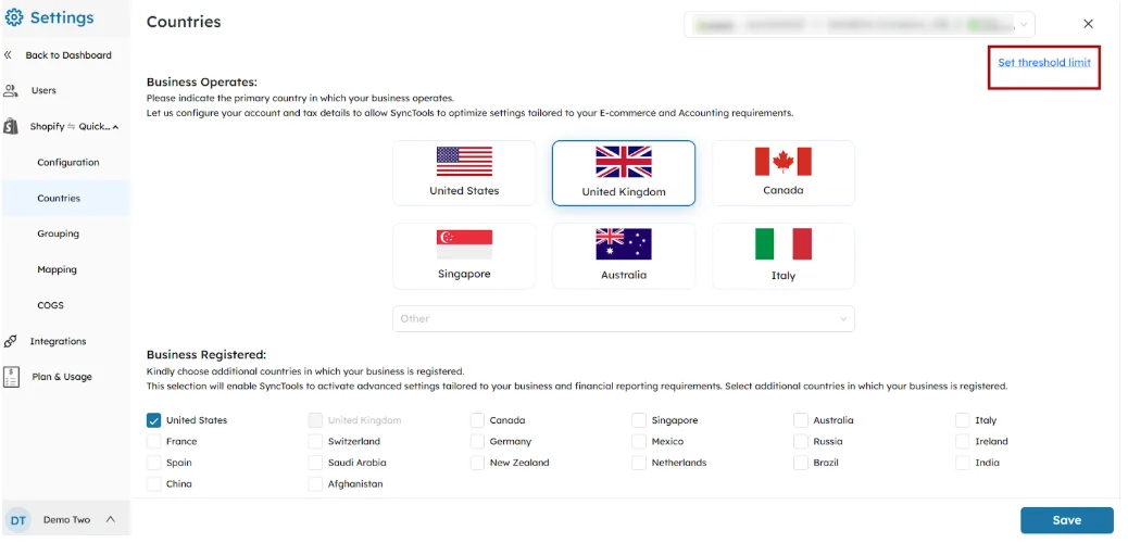 SyncTools countries settings showing business operates selection with United Kingdom highlighted and registered countries list