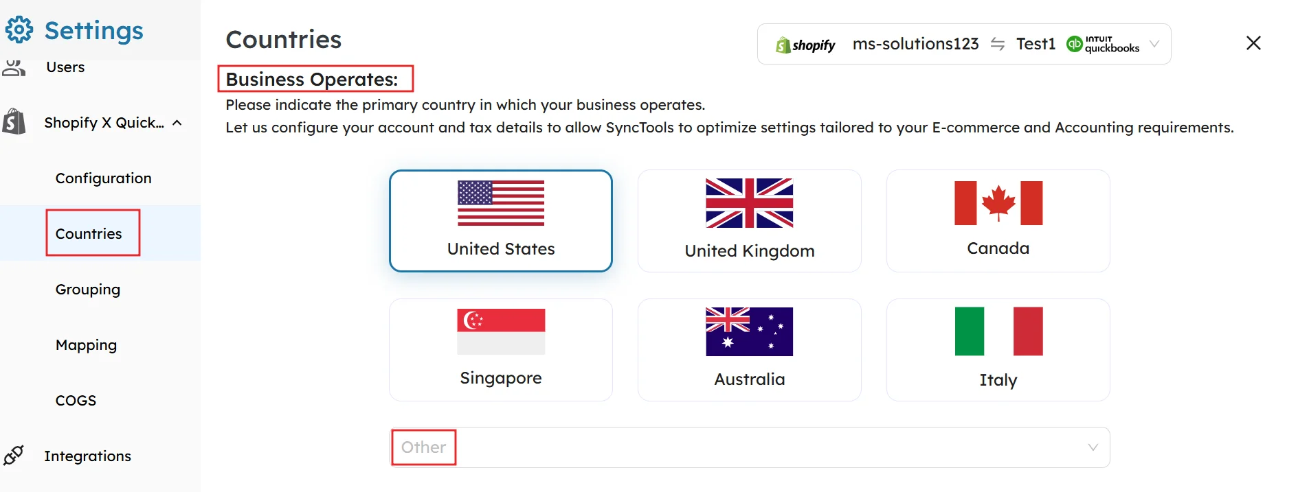 SyncTools country selection screen showing business location options including US, UK, Canada, Australia, Italy, and more
