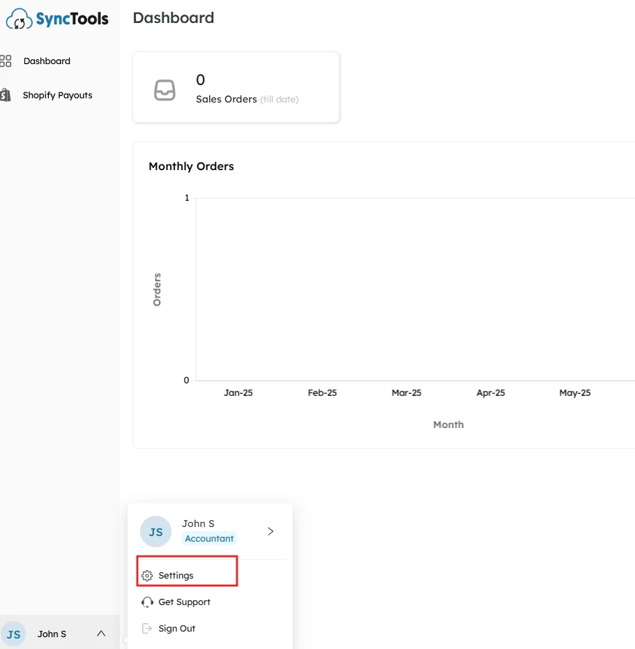 SyncTools dashboard with user profile menu expanded showing options like Settings, Get Support, and Sign Out.