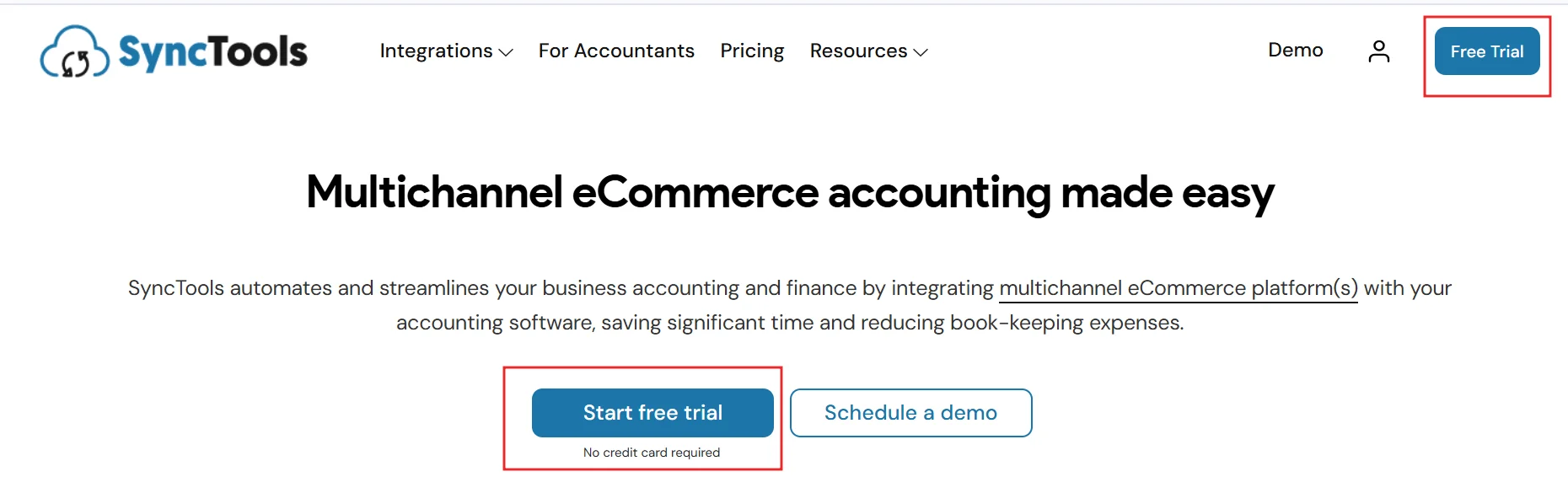 SyncTools homepage highlighting multichannel eCommerce accounting with free trial and demo call-to-action buttons.