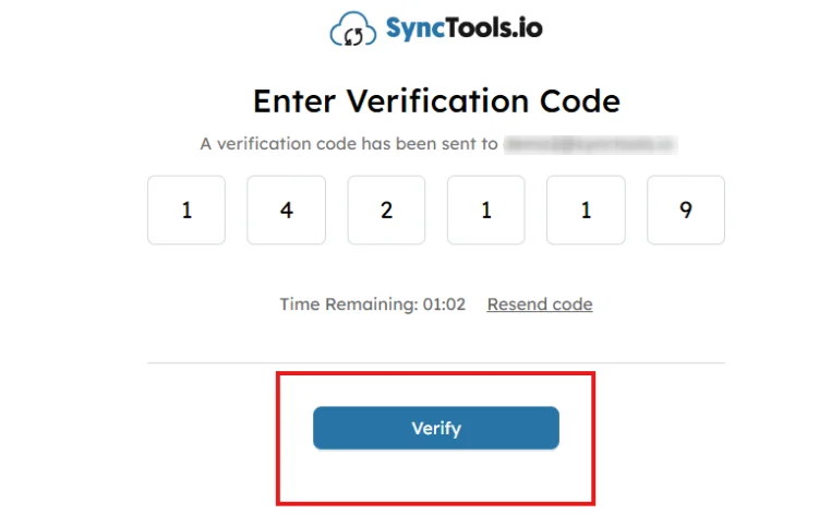 SyncTools verification screen for entering 6-digit code sent to email, with timer countdown and verify button highlighted.