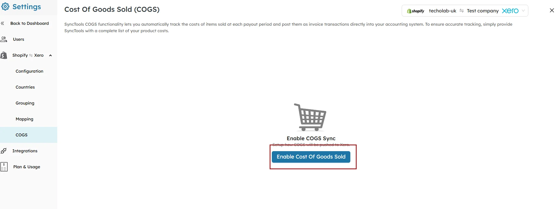 SyncTools COGS settings page with option to enable cost of goods sold sync for accurate invoice tracking in Xero.