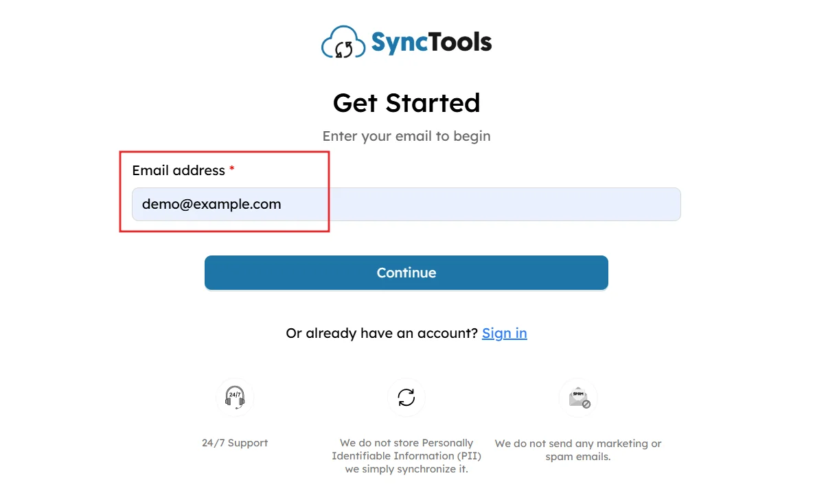 SyncTools signup screen prompting users to enter email address to begin trial, with support and privacy policy info shown below.