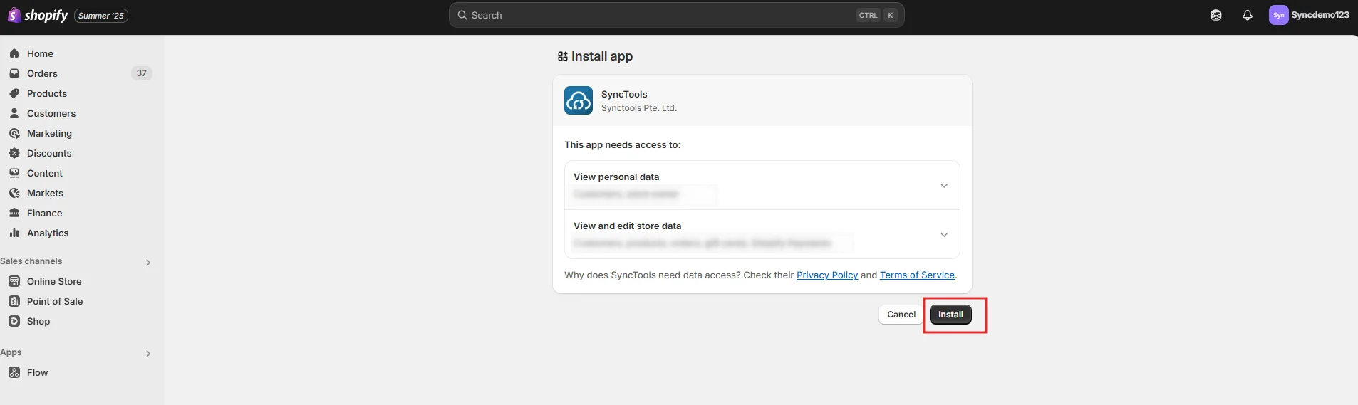 Install SyncTools app on Shopify store with required permissions to view and edit personal and store data.