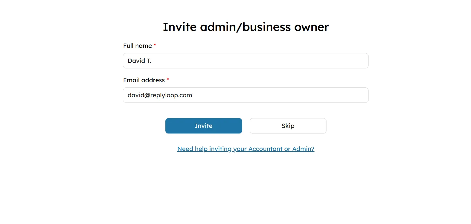 SyncTools invite admin or business owner form showing fields for full name, email address, and options to invite or skip.