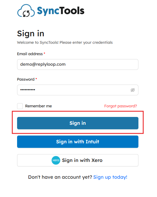 SyncTools login screen with email, password fields, and sign in options for Intuit and Xero accounts.
