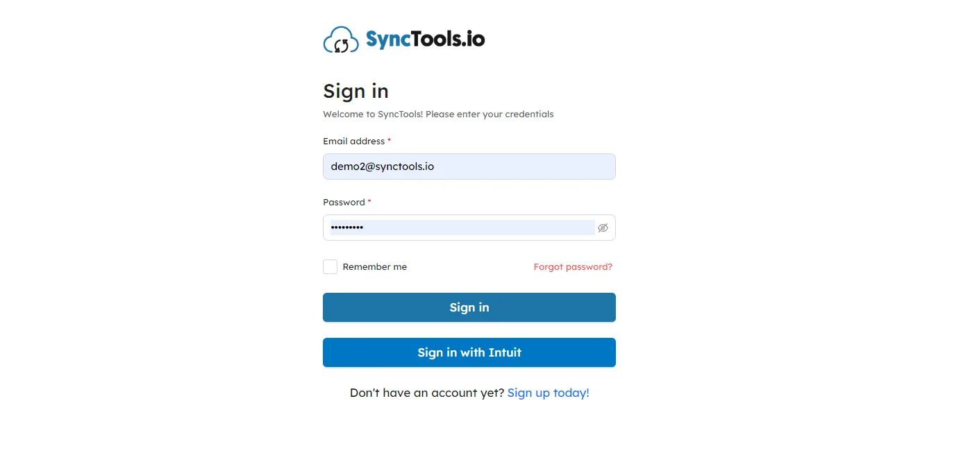 SyncTools.io login page with email and password fields, sign-in button, and Intuit integration option for secure user access