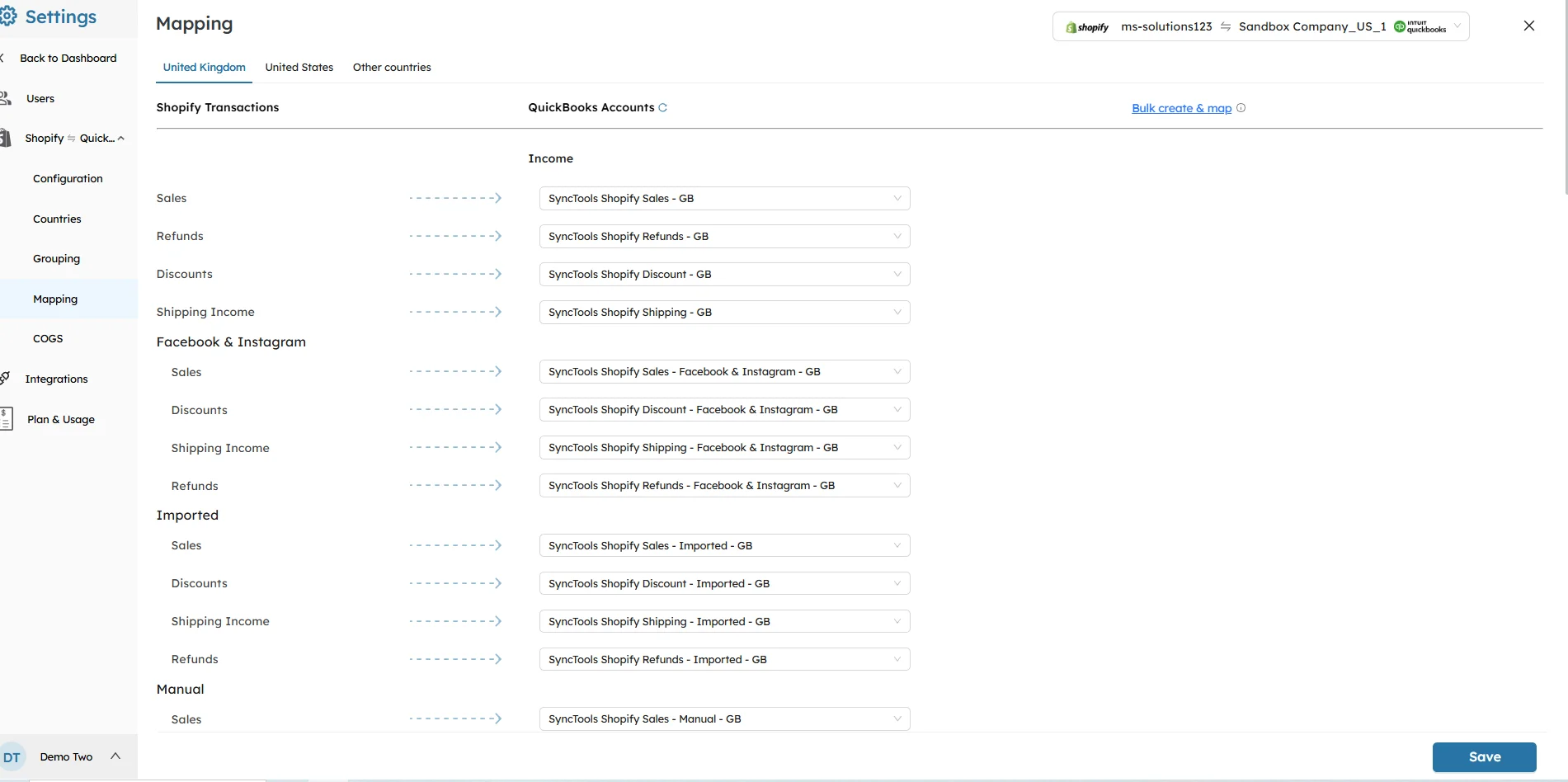 SyncTools mapping settings showing Shopify to QuickBooks account integration for Facebook, Instagram, Imported, and Manual channels