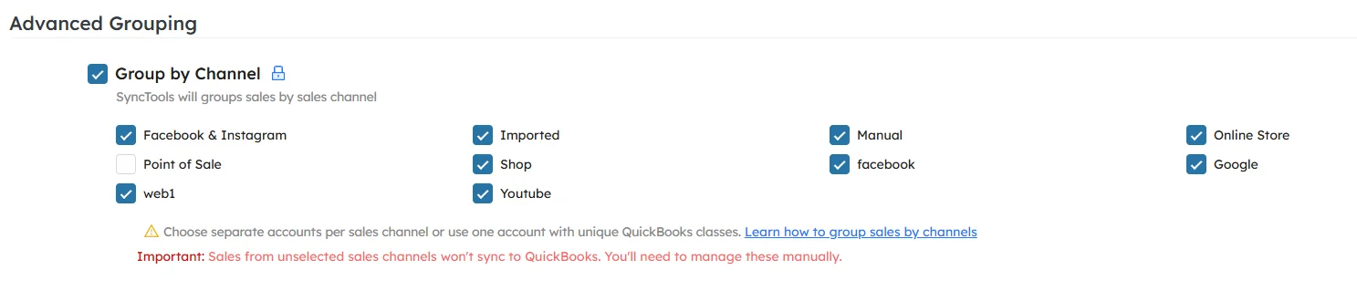 SyncTools sales channel grouping settings with QuickBooks integration warning for Facebook, YouTube, and Google channels