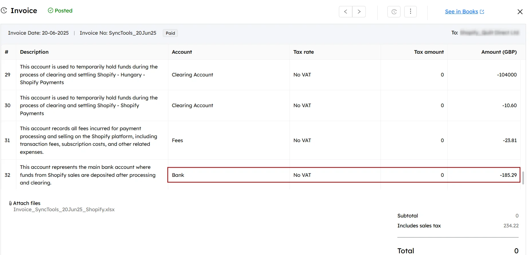 SyncTools Shopify invoice showing posted status with clearing account, fees, and bank deposit breakdown in GBP currency