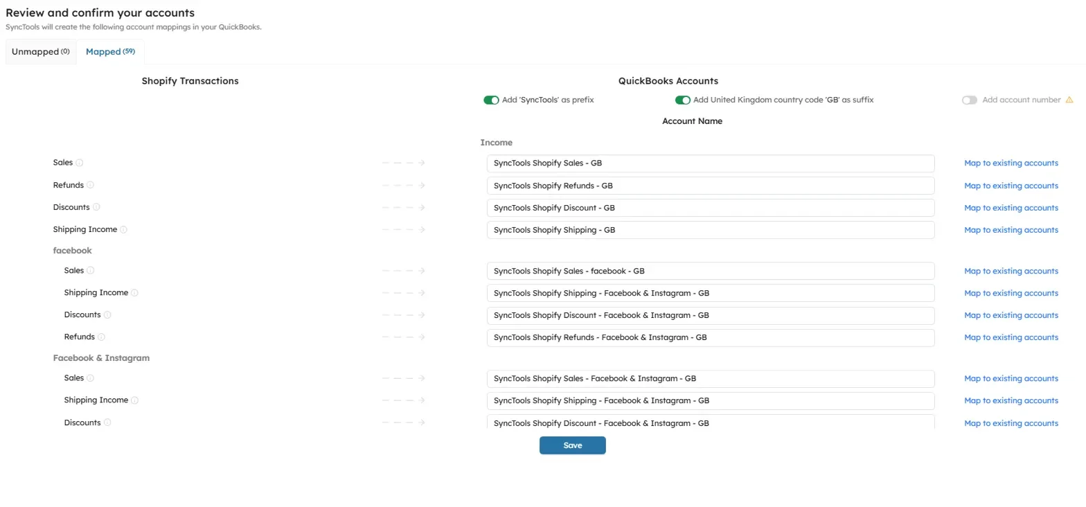 SyncTools account mapping review showing Shopify transactions mapped to QuickBooks accounts with Facebook Instagram channels