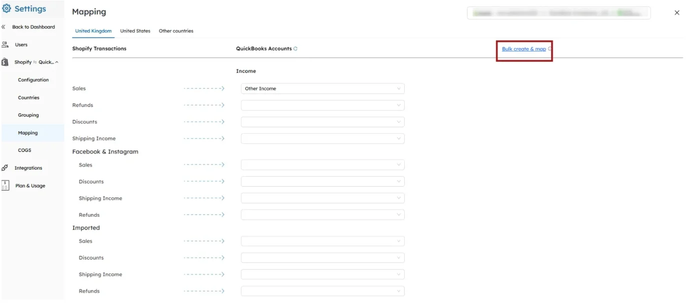 SyncTools mapping interface for Shopify transactions to QuickBooks accounts showing sales, refunds, and discounts setup