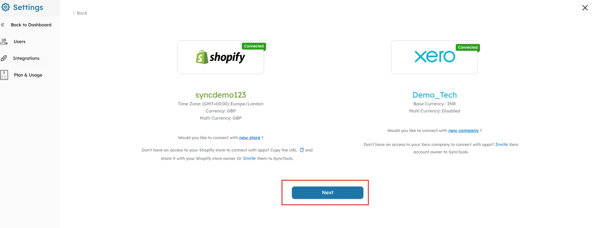 SyncTools dashboard showing Shopify and Xero successfully connected with time zone, currency, and Next button highlighted.
