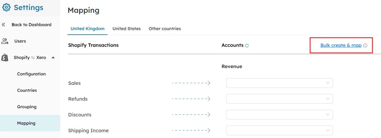 SyncTools mapping screen showing Shopify transactions for UK with bulk create and map option for account automation.