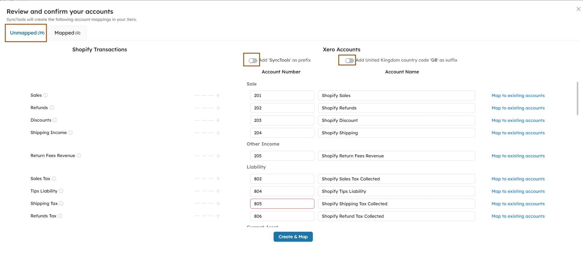 SyncTools unmapped Shopify transactions with Xero account numbers and names ready for mapping and prefix/suffix options.