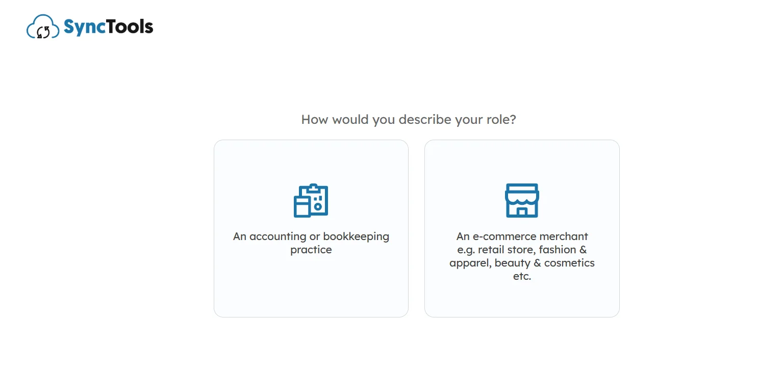 SyncTools role selection screen showing options for accounting practice or e-commerce merchant during onboarding process.