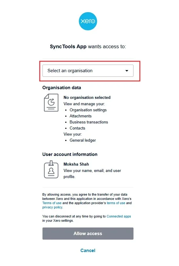 SyncTools Shopify store connected screen with option to integrate Xero accounting software using admin credentials.