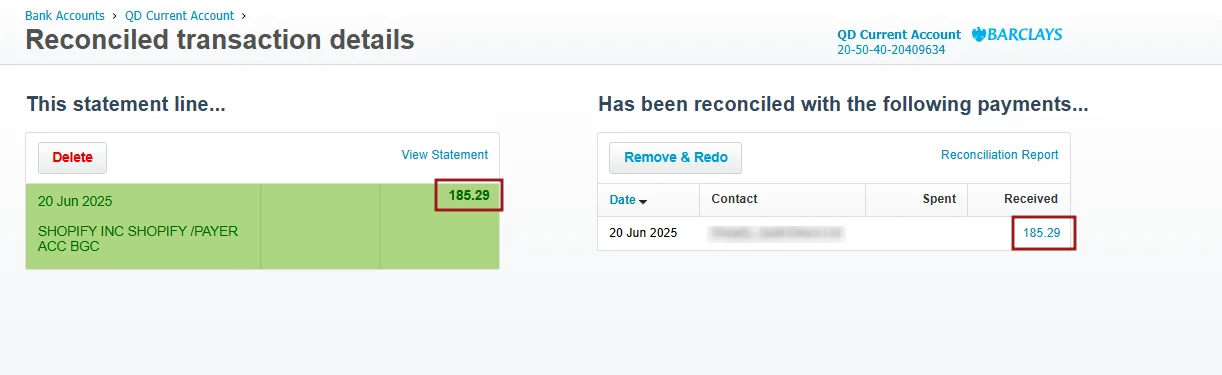 Xero bank reconciliation showing Shopify Inc payment of £185.29 matched with Barclays QD Current Account transaction
